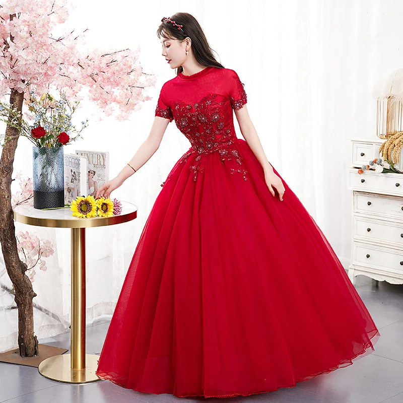 Vestidos de quinceañera de tul personalizados, delicados vestidos de baile de flores con cuentas y manga corta, clásico, elegante, largo, Sukienka Balowa