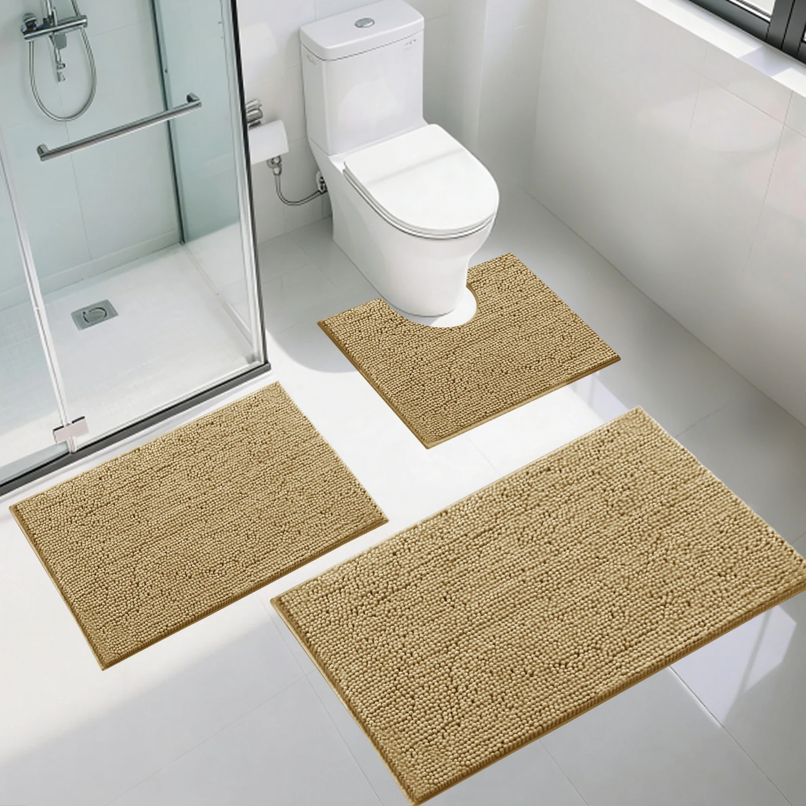 

Set of 3 Bathroom Rugs 1.5/3CM Thick Chenille Bath Mat Striped Pattern Shaggy Bath Rugs for Bath Room Non Skid Floor Mats