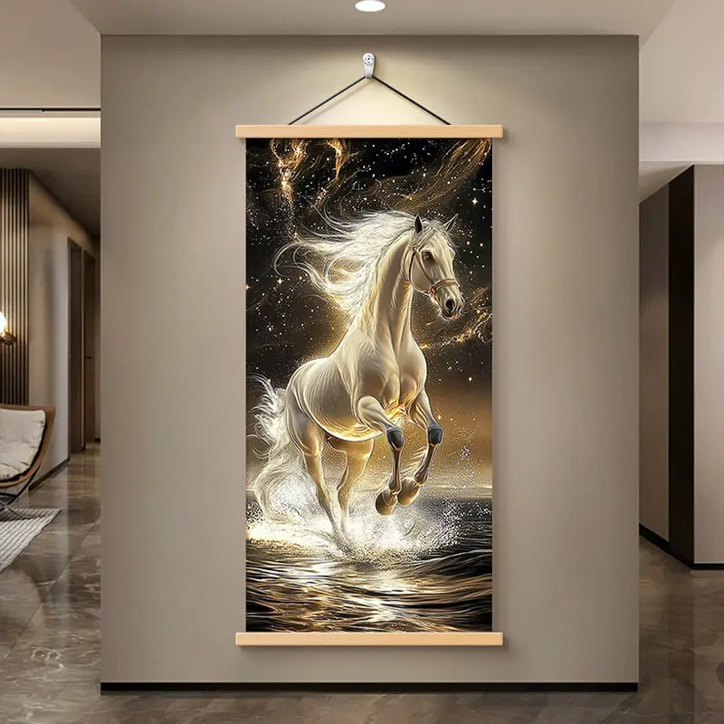 Wall Art Galloping White Horse and Golden Light Modern Luxe Pearlescent Canvas Hanging Scroll with Wooden Rods for Entryway