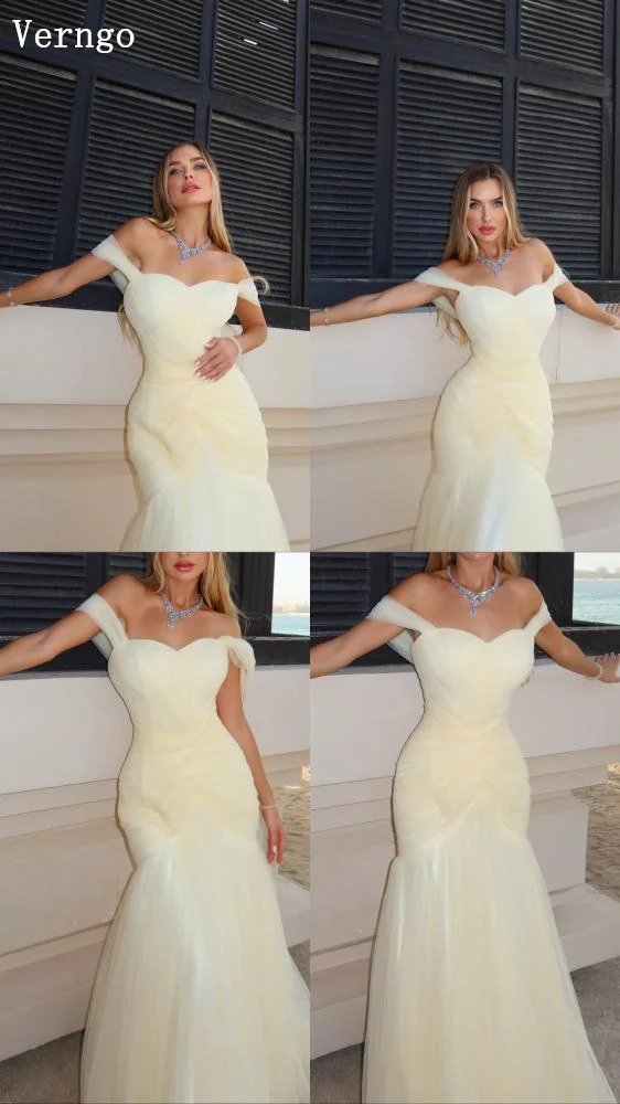 Verngo バターイエロー チュール イブニングドレス オフショルダー マーメイド プリーツ フォーマル オケージョン ドレス エレガント プロムドレス カスタマイズ