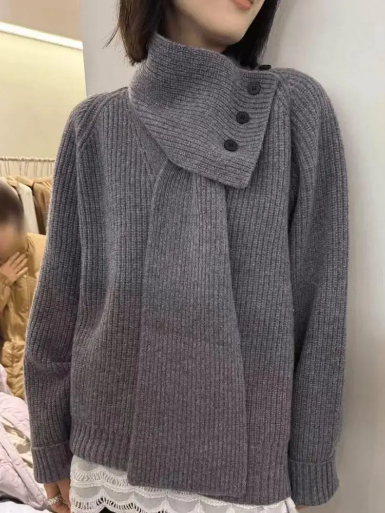 

2024 Autumn Winter New Solid Scarf Neck Sweater Korean Version Loose Fashion Long Sleeve Pullovers Knitted Tops Ladies Clothes