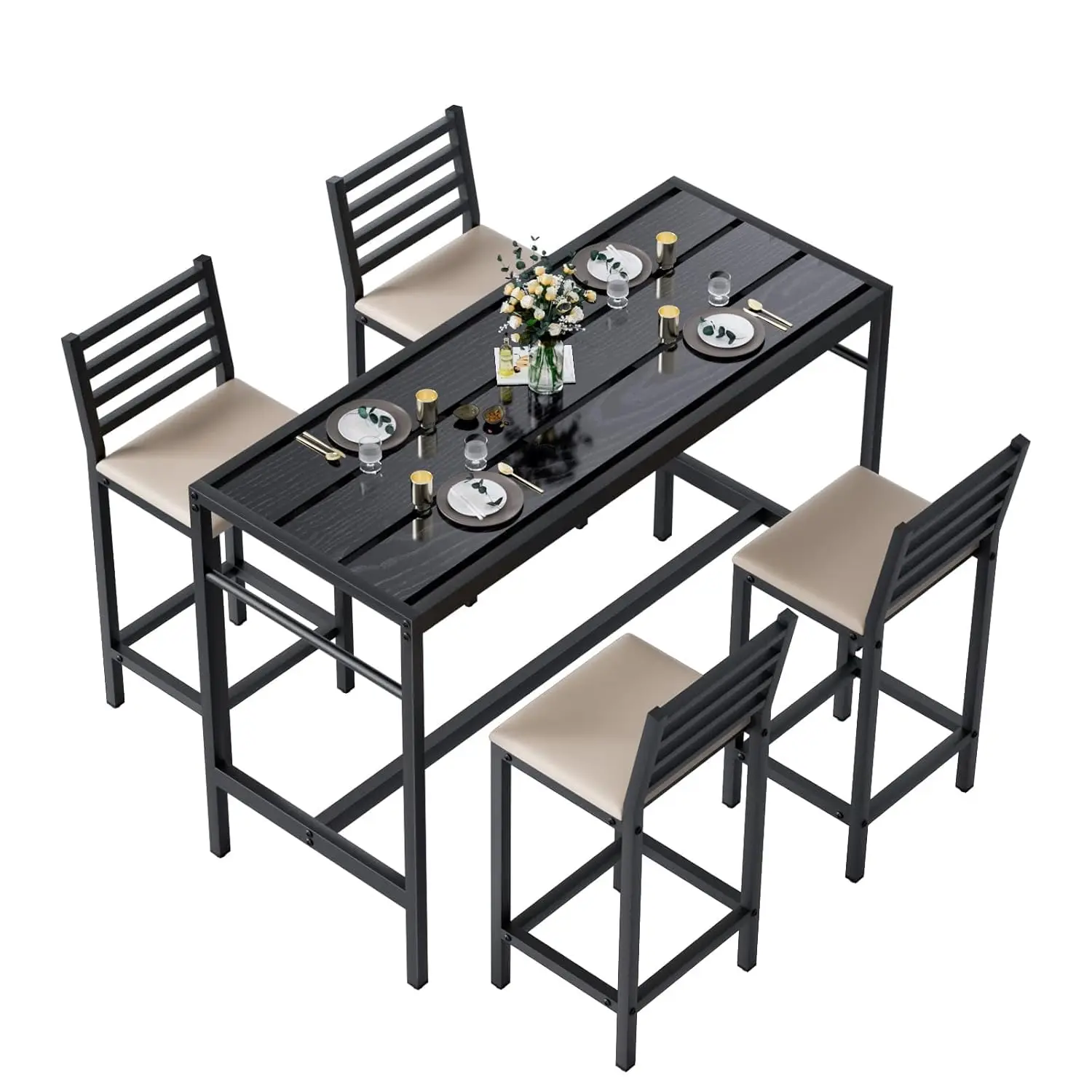 

5pc Patio Bar Set 54.7in Counter Metal Table & 4 Cushioned 41in Stools Poolside Balcony, Customized