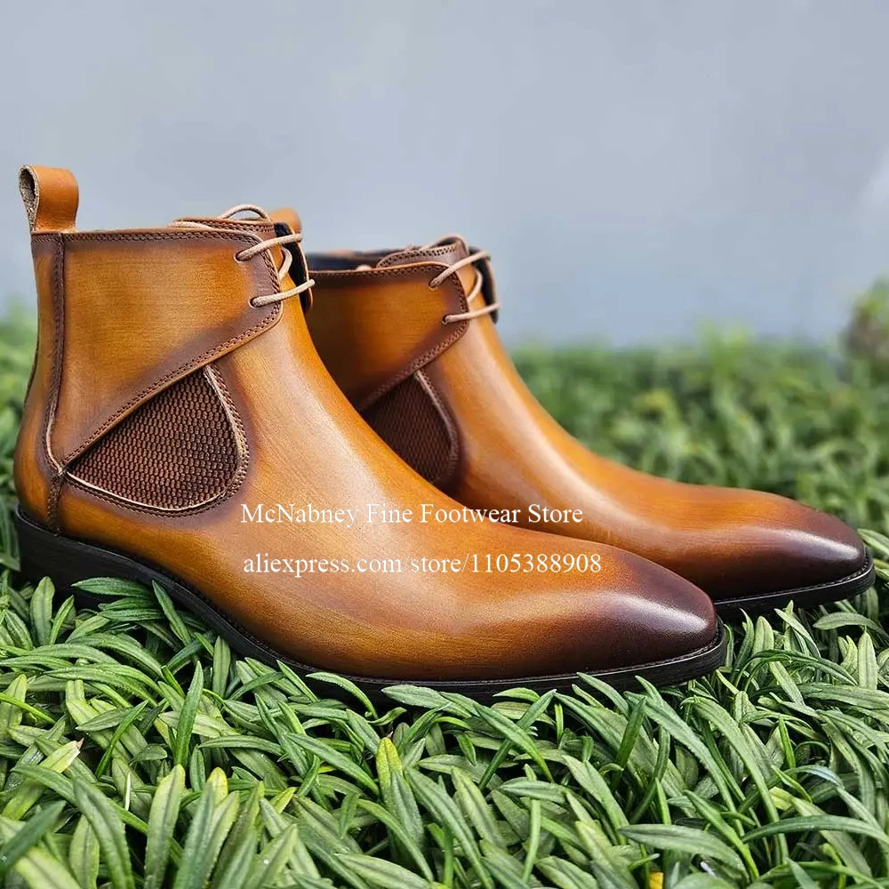 

Leather Lace up Chelsea Ankle Boots Elastic Side Panel Pointed Toe Handmade Men Dress Chukka Boot for Formal Casual Business