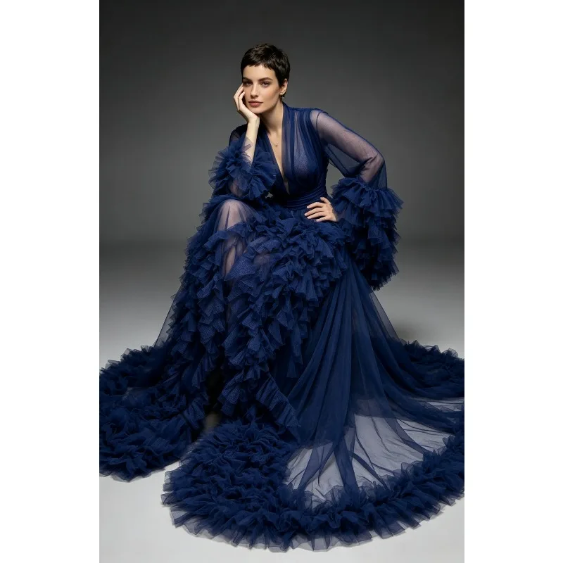 Vestido largo de tul con volantes en capas, escote en V profundo, puños esponjosos, cola que toca el suelo, malla transparente, para sesiones de fotos de maternidad y nupciales