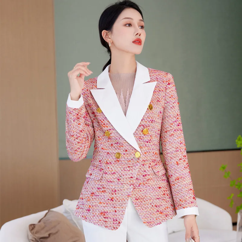 High quality wool blend blazer for women jacket double breasted autumn winter 2023 elegant fashion clothes - red