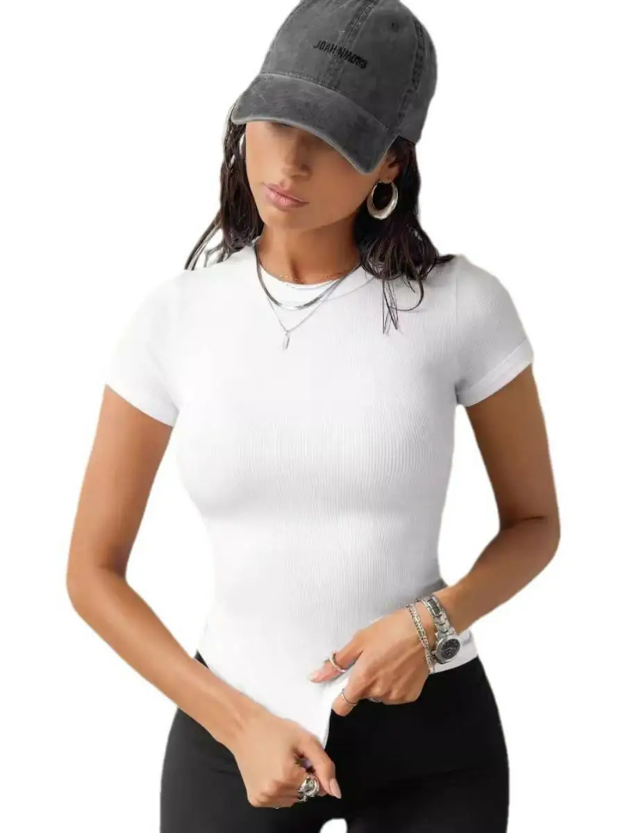 Y2K スリムフィット スポーツTシャツ 無地 リブ編み ラウンドネックトップ 春ファッション トレンド ホット