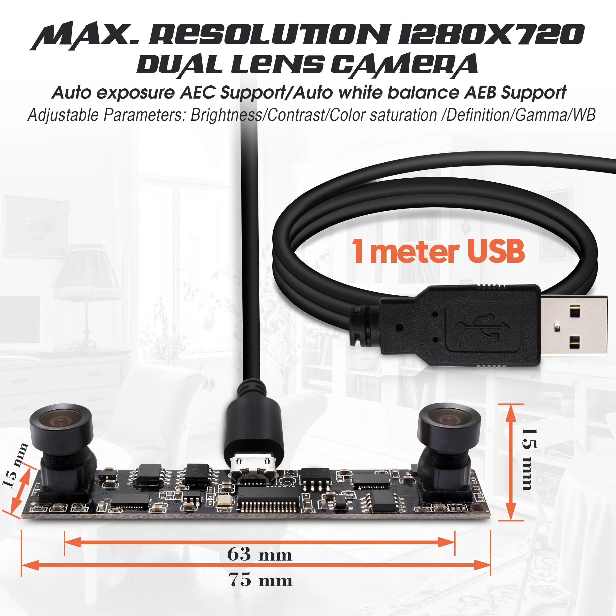 HD 720P 120 Degree Wide Angle Dual Lens Stereo Camera Usb 2.0 for Geographic Information System
