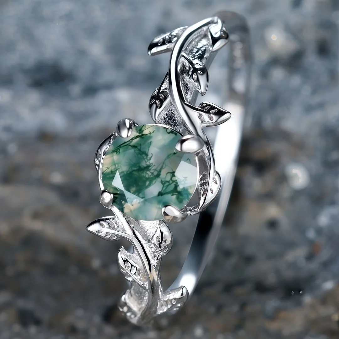 925 Sterling Silber Eleganter Vielseitiger Ring für Damen mit Moosachat und Aquatischem Pflanzenachat, Verstellbarer Offener Ring – Detail 1