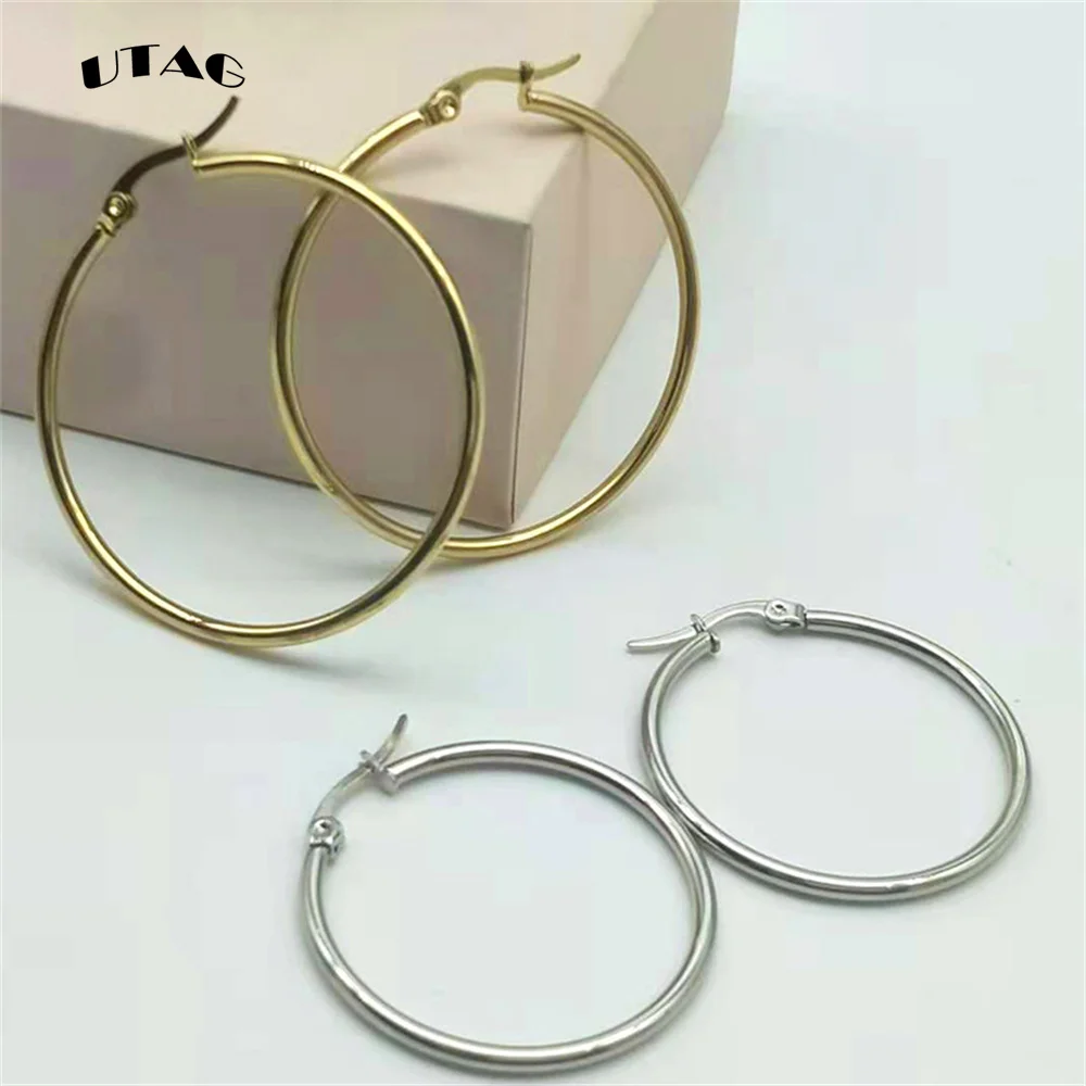 UTAG Classic Stainless Steel Ear Buckle for Women Trendy Gold Color Small Large Circle Hoop Earrings Jewelry Accessories