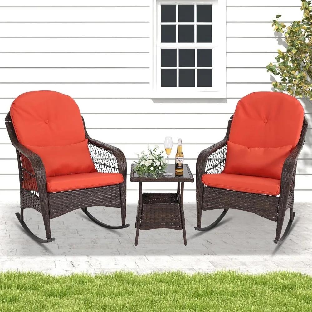 

3PCS Outdoor Wicker Rocking Chair Bistro Set, Patio Rattan Rocker Chairs with Cushions and Table, All- Weather Wicker