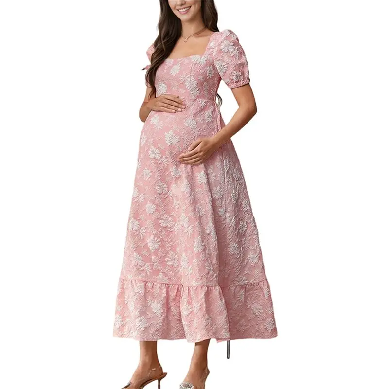 abum-vestido-largo-de-maternidad-para-mujer-cuello-cuadrado-jacquard-manga-abullonada-elegante-vestido-frances-de-verano-ajustado
