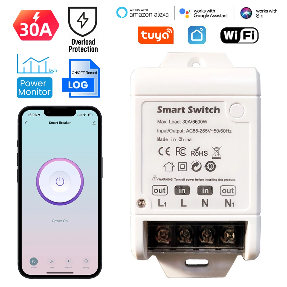 Tuya 30A High Power Switch Circuit Breaker for A/C Boiler Water Heater Smart Home Control Module Works with Alexa Google Home