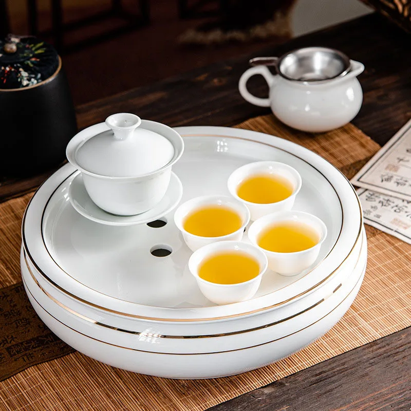 Round Small Tea Tray Office Ceremony Serving Marble Luxury Tableware Coffee Tea Tray Drainage Hospitality Bandejas Home Products 6
