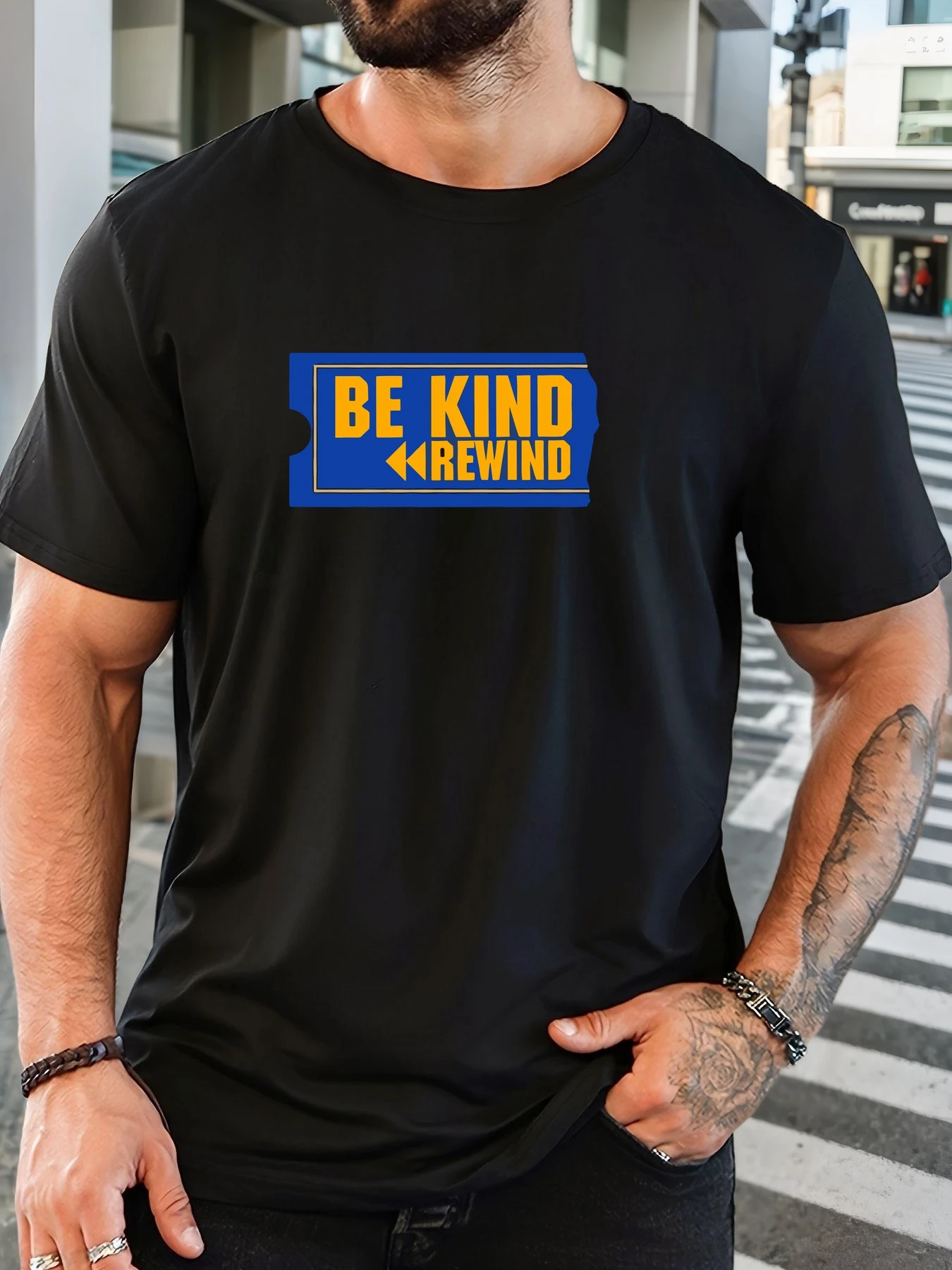 

Men's 100% Cotton Printed T-Shirt BE KIND REWIND Pattern Summer Casual Oversized Round Neck Short Sleeve Comfortable Daily Tee
