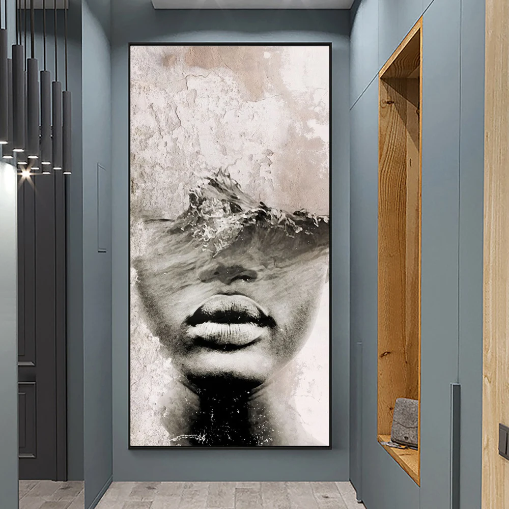 Large Frameless Canvas Wall Art,Abstract Landscape Black And White Half Face Female Face Canvas Painting Art Wall Poster And Mur