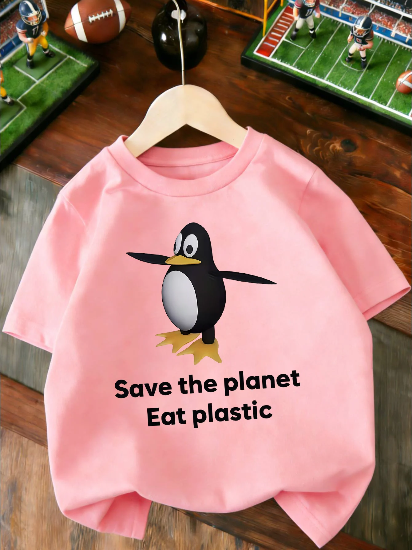 Funny Penguin Save The Planet Eat Plastic Slogan Graphic Print T Shirt Family Matching Boys Girls Kids Casual Short Sleeve Tops