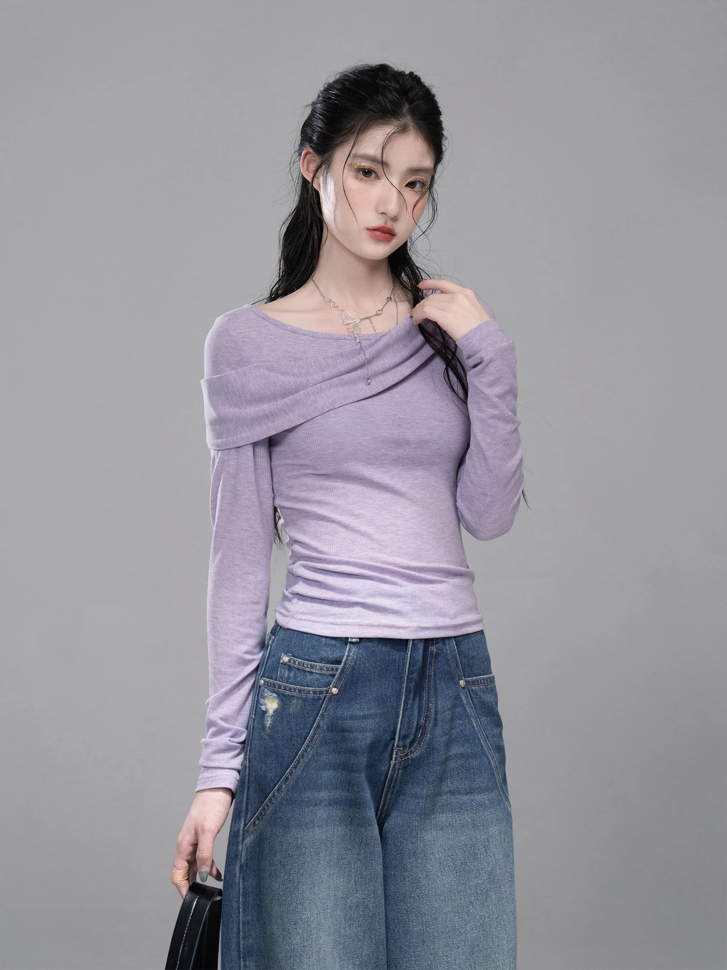 

Женская трикотажная футболка COTRE с длинным рукавом, на одно плечо, с микро-узором, с эффектом сахарного покрытия, фиолетовая, повседневная, осенняя одежда