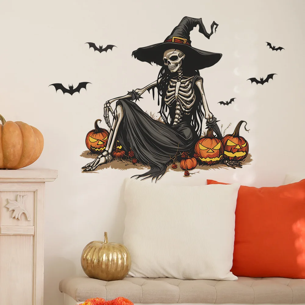 Creative new Halloween witch skeleton pumpkin bat living room porch background decorative wall stickers sell well