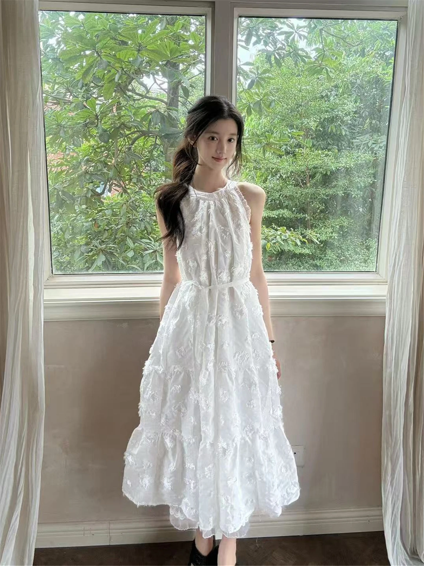 Vestidos femininos quinceanera rosa verão chiffon flor em camadas laço babado queimado praia doce estilo menina respirável jovem