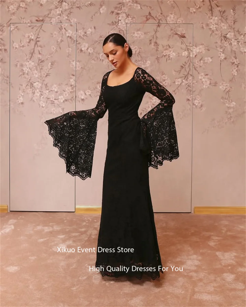 Xikuo فساتين سهرة على شكل جرس دانتيل 2025 فساتين حفلات دانتيل أسود مزينة بحورية البحر الوهم رداء De Soirée مخصص
