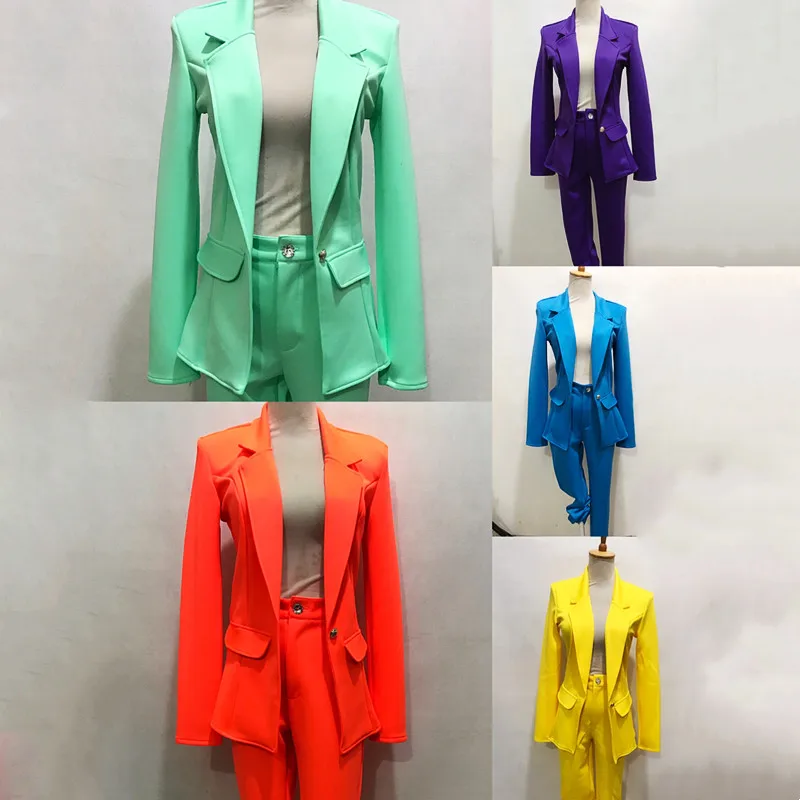 Women Singer Team Modern Dance Costume Yellow Blue Blazer Trousers 2 Piece Pantsuits Bar Concert Performance Stage Wear Outfit