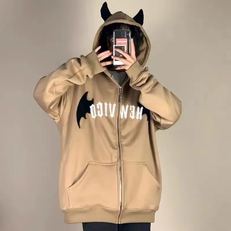 Devil Horn Hooded Top Men Couple Matching Loose Oversized Sweatshirt Anime Casual Zip Up Hoodies Y2k Halloween Party Streetwear