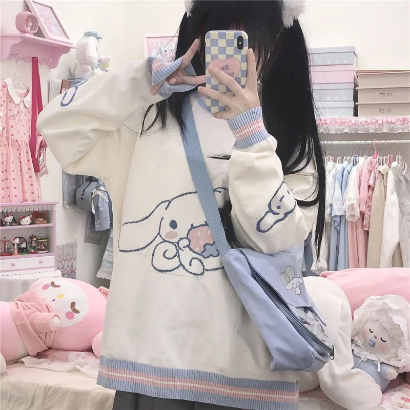 Sanrio Lolita Student Kawaii Clothes Cinnamoroll Japanese Preppy Style Versatile Cute Soft Girl Pullover Knitwear Jk Coat Women