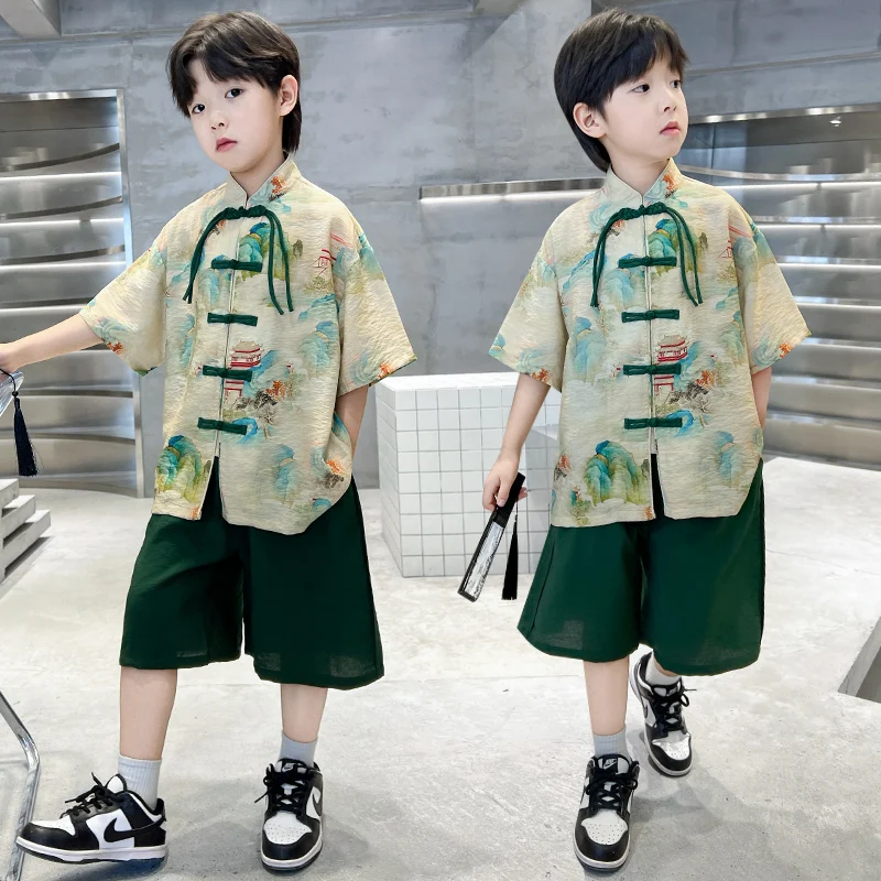 

Boys' Casual Chinese Sle ort Sve Hanfu Set Summer Trendy Clothes for Medium to Large Children Traditional Ethnic Wear