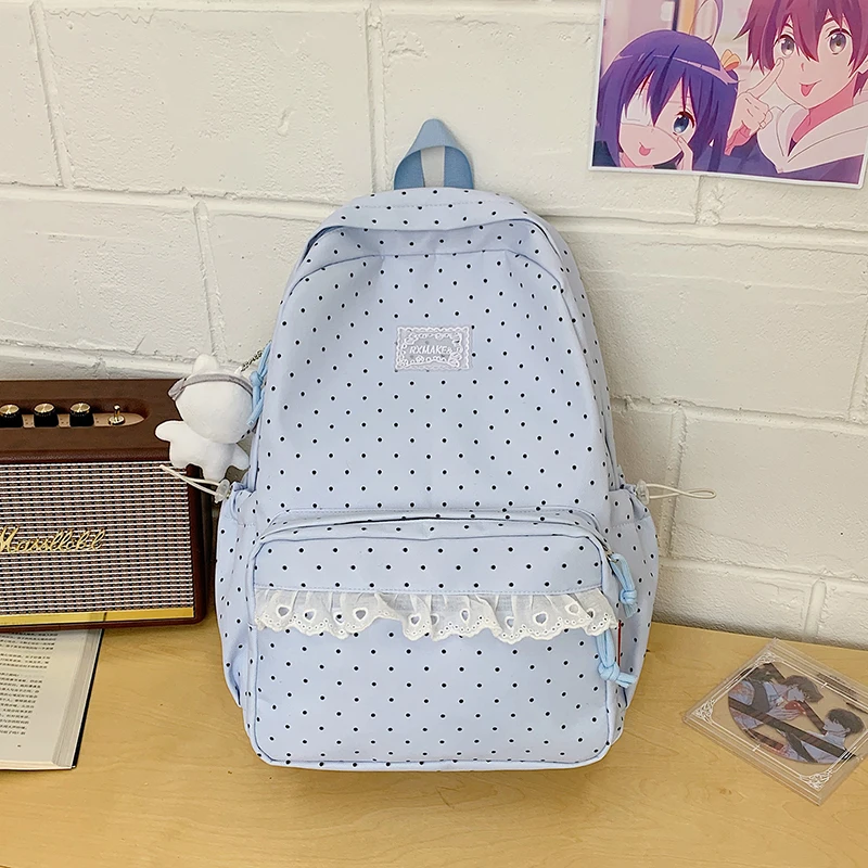 Modischer Rucksack, Damen-Schulrucksack mit Polka-Dot-Muster, süßer Spitzenbesatz, koreanischer leichter Schulrucksack mit großer Kapazität für Mädchen und Studenten – Detail 3