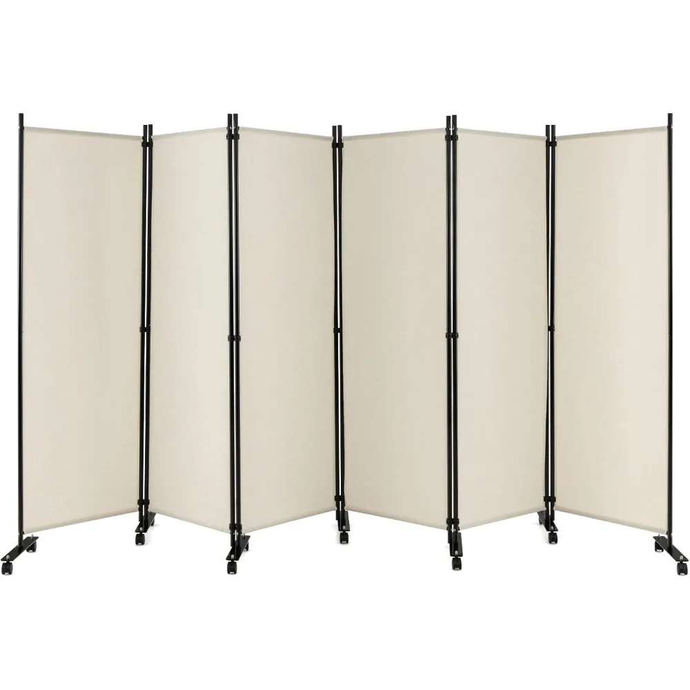 

6 Panel Folding Room Divider, 6FT Rolling Privacy Screen with Lockable Wheels, Portable Room Partition Screen,