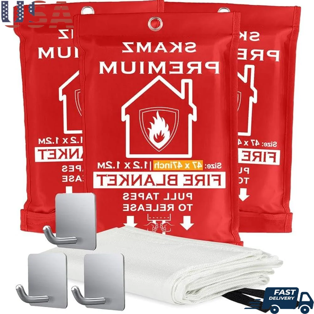 Emergency Fire Blanket XL 47 x 47 3 Pack Heavy Duty Fireproof Blanket Welding Blanket with Hooks Fiberglass Protection Home