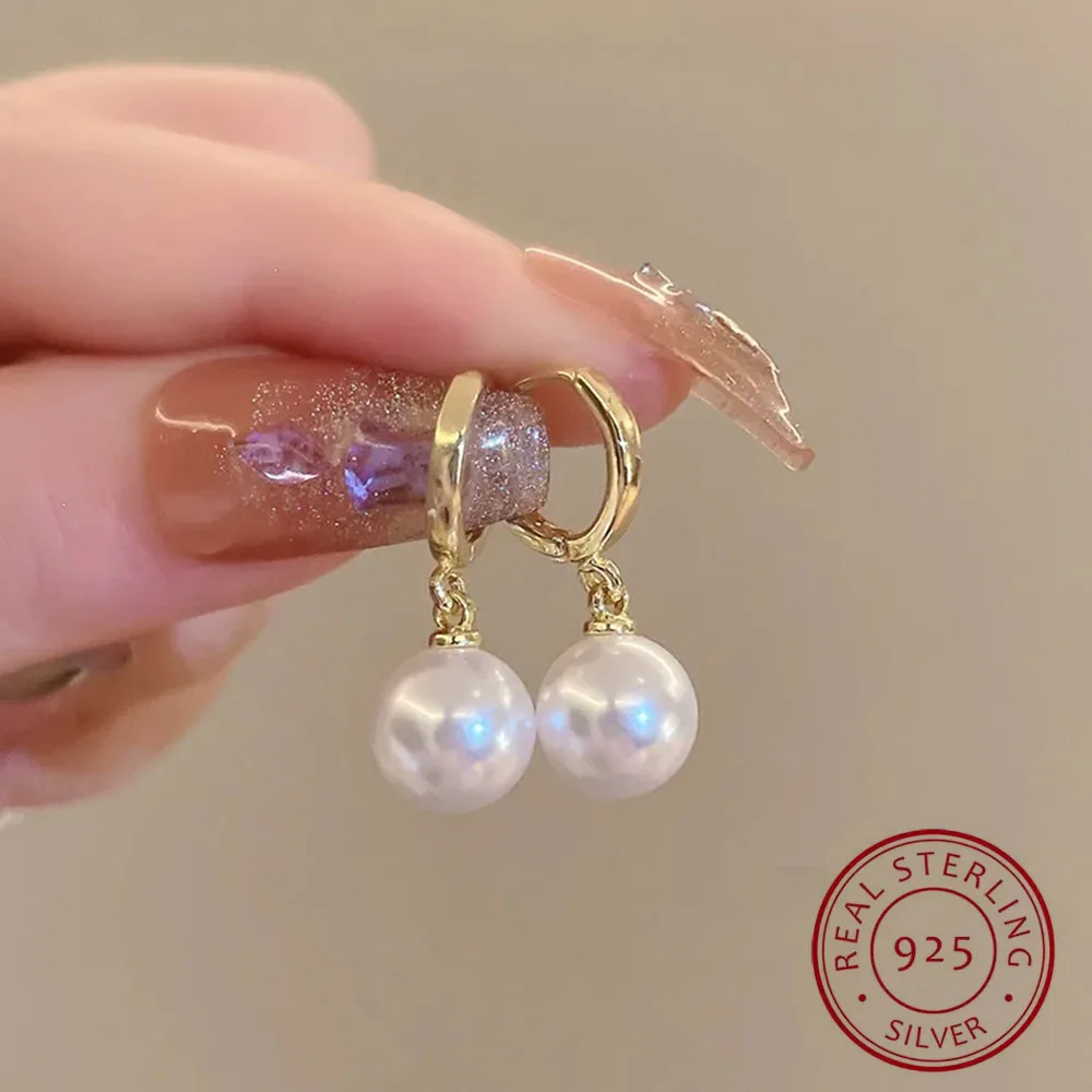 

Kimsu S925 Silver Fine Bridal Pearl Hoop Earrings 18K Gold Hanging Earrings Pendant Party Gift