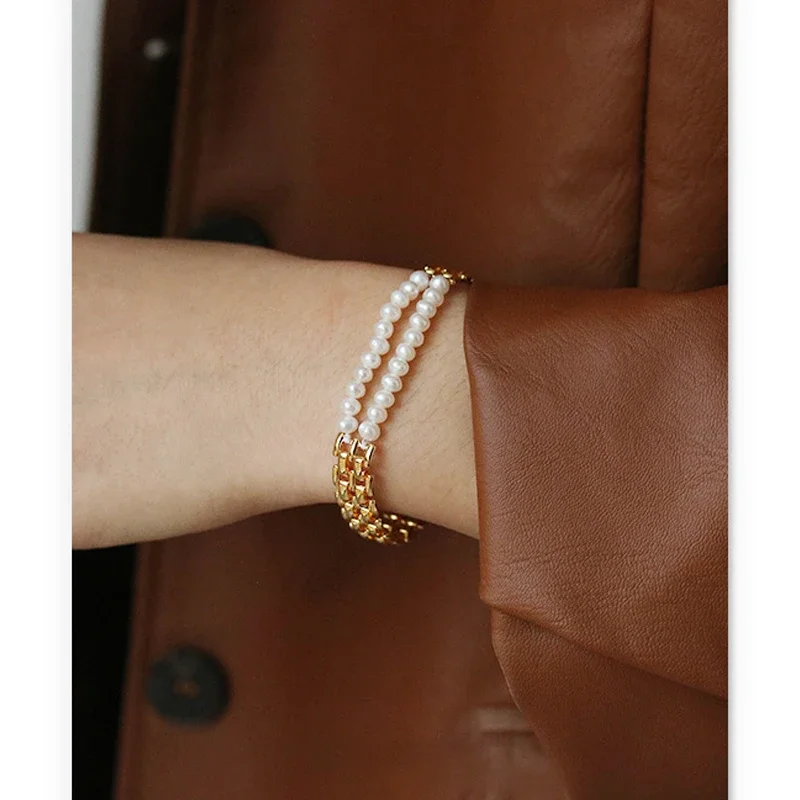 Brass With 18K Real Layered Baroque Pearl Watch Band Bracelet  Women Jewelry Punk Party T Show  Gown Runway  Korean Japan  Style