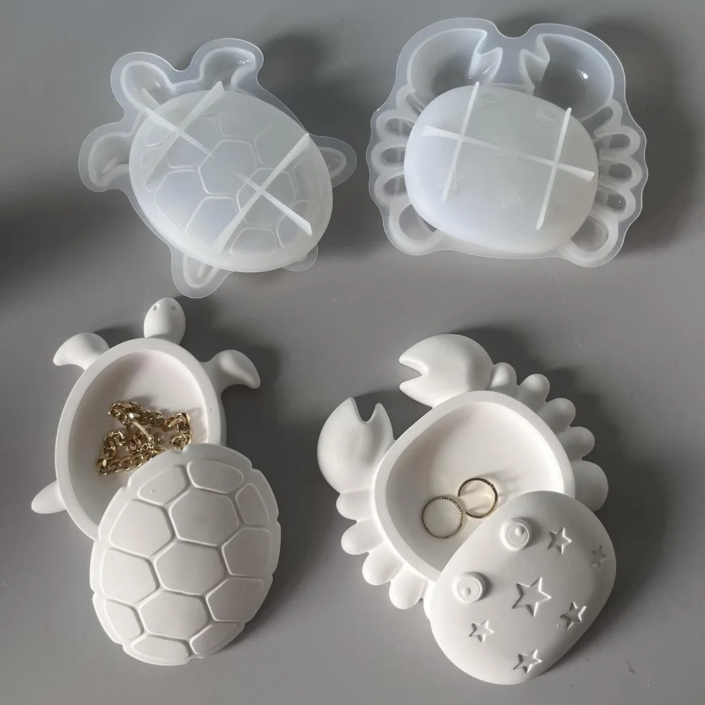 Boîte de rangement de tortue et de crabe, moules en Silicone, bricolage, animaux de l'océan parfumés, plateau de plaque d'exposition de bijoux avec couvercle, moule en résine de plâtre