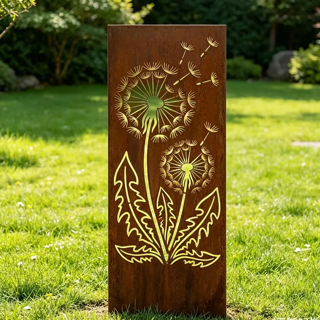 [2D Flat] A Naturally Rusted Dandelion Flower Metal Garden Screen Made of Iron, A Rustic-style Iron Outdoor Partition
