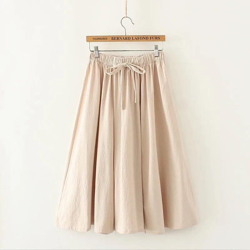 2026 Woman Cotton Linen Solid Skirts New Spring Summer Fashion lace-up A-Line - Casual Loose High Waist Female Slim White