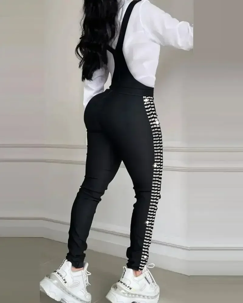 Summer Rhinestone Decor Buckled Suspender Jumpsuit 2025 Women Long Jumpsuits Elegant New Fashion Woman Casual Daily Clothing