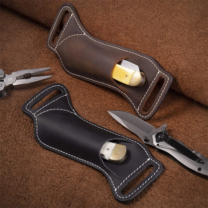 Funda para Cuchillo de cinturón, bolsa multiherramienta de PU para herramientas al aire libre, cuchillo plegable de bolsillo, soporte de cuero de vaca para acampar al aire libre