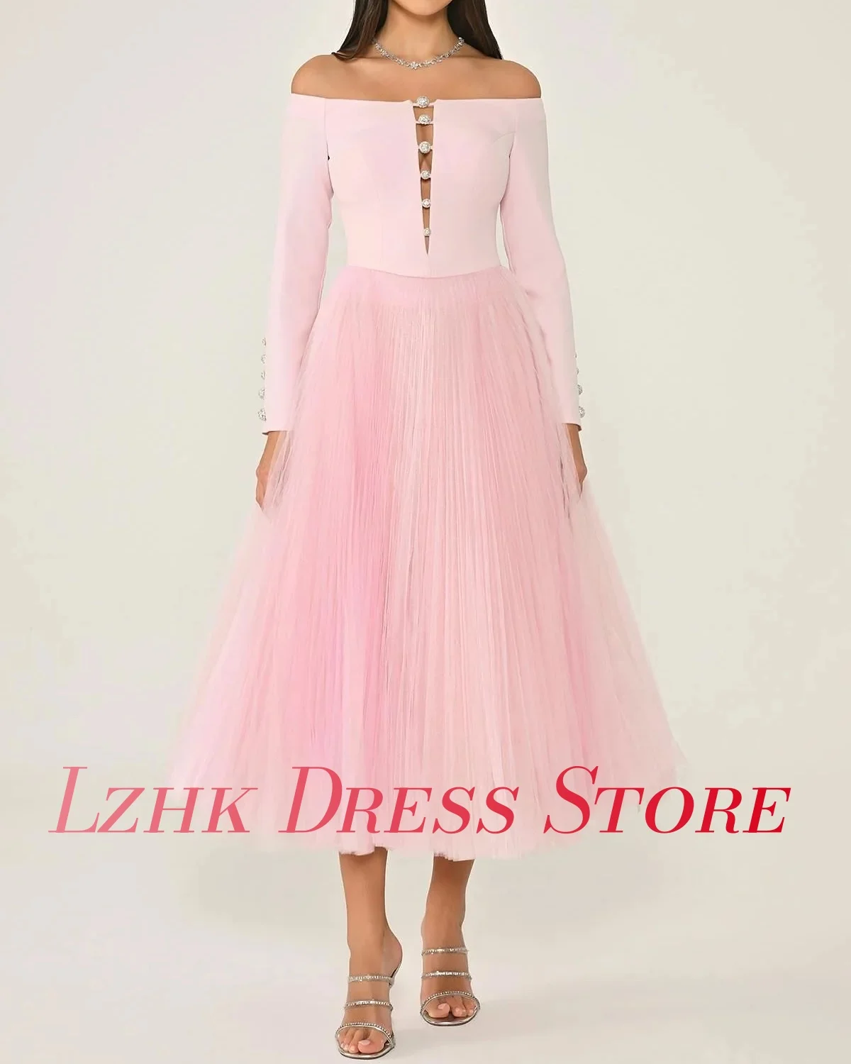 تخصيص مثير الأورجانزا ألف خط قبالة الكتف أزرار مساء اللباس جودة عالية طويلة الأكمام قارب الرقبة فساتين المشاهير