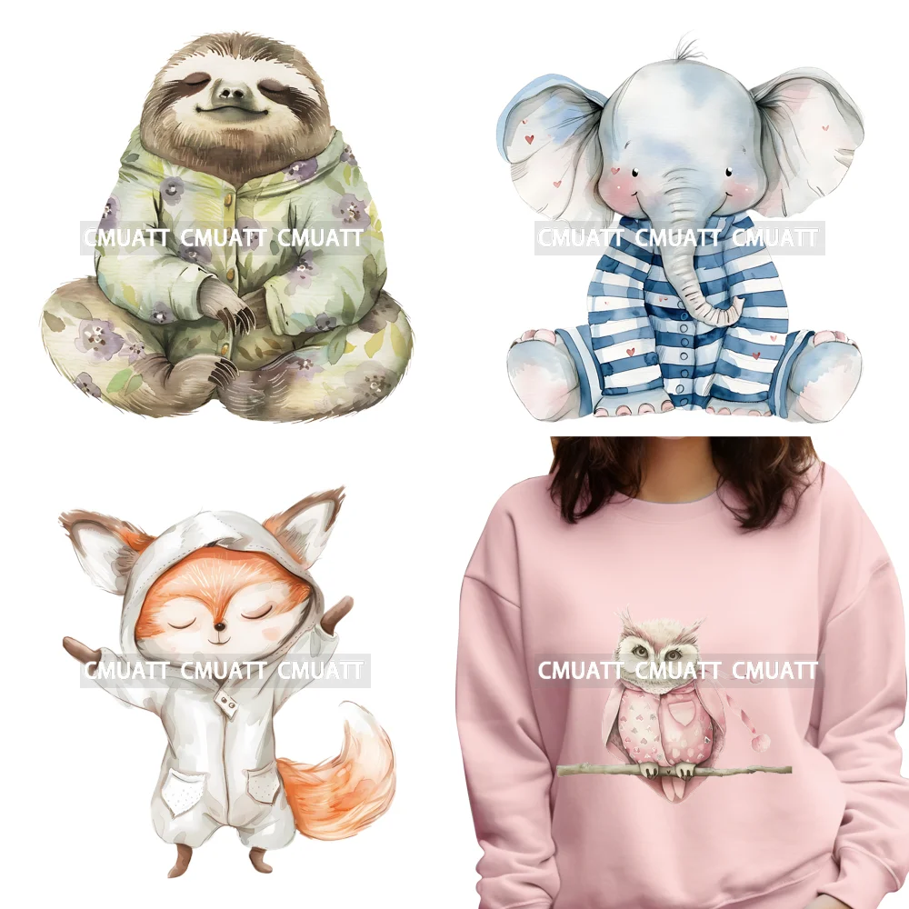 

Funny Baby Woodland Farm Bedtime Animals Wearing Pajamas Iron on DTF Washable Transfers Stickers Ready to Press for Kids Textile