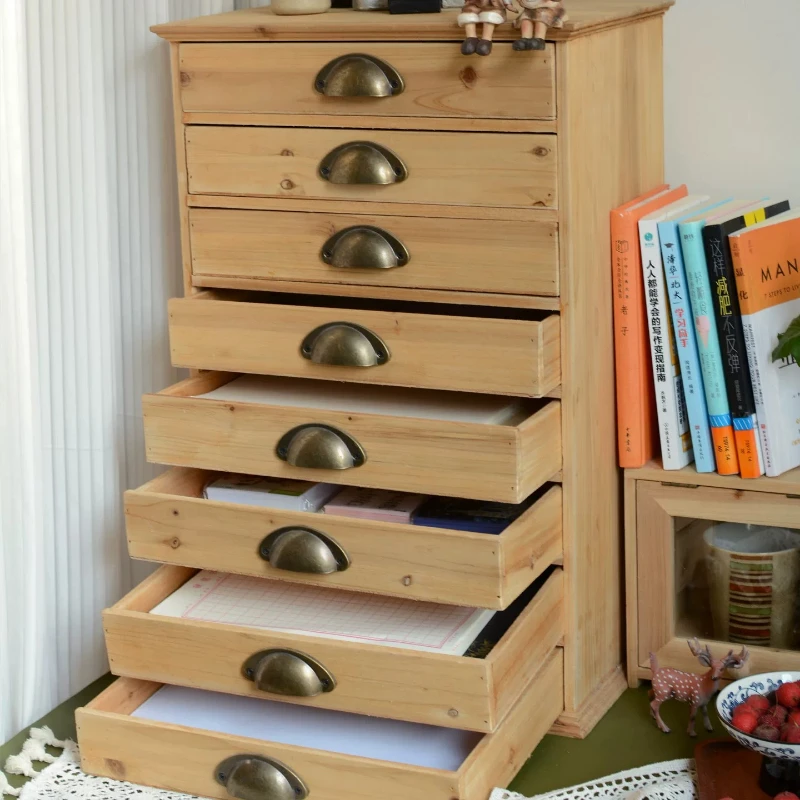 Vintage Solid Wood Multi-drawer Cabinet Desktop Sundries Storage Chest Compact Drawer Organizer Retro Office Document Storage