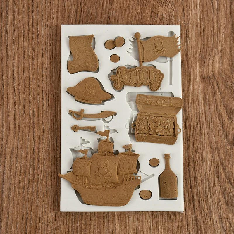 1pc Pirate Cookies Silicone Mold Pirate Ship Gold Coins Chocolate Fondant Cake Mould For Kid Birthday Halloween Party Cake Decor