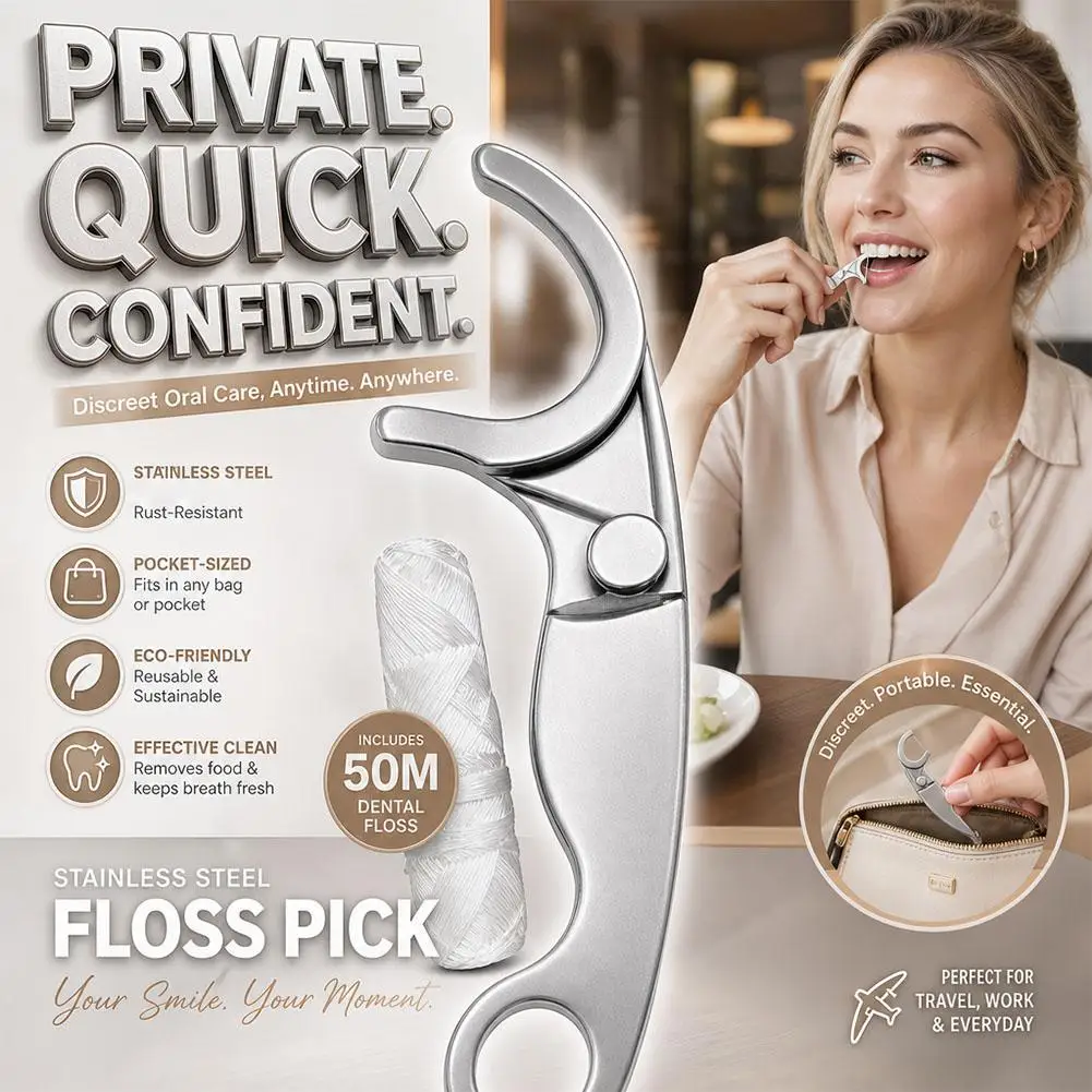 Reusable Stainless Steel Dental Floss Holder Eco Friendly High Tension Locking Design Oral Care Tool With 50m Floss Set