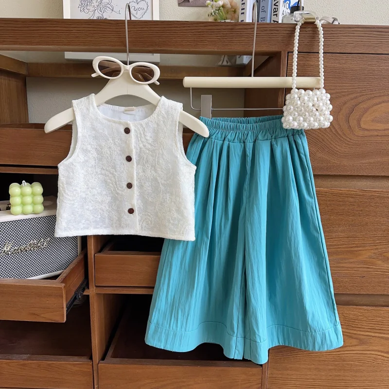 

Girls' Casual Sleeveless Set Summer New Sweet Vest and Long Pants Two-Piece Set for Little GirlsAXB007