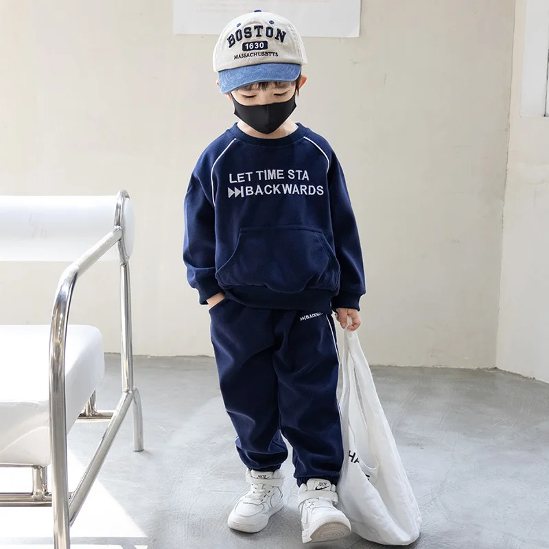 Boys Sweatshirts +Pants Kids Suits Tracksuit 2PCS/Set 2023 Navy Blue Spring Autumn Cotton Outfits Sport Teenagers Children Cloth