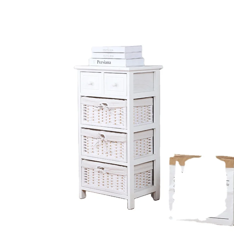 White industrial furniture wholesale storage cabinet with rattan basket