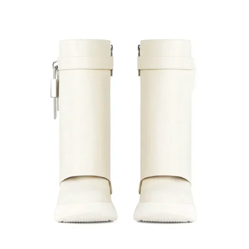 2025New Fashion Thick Sole Leather Short Boots Round Head Shark Boots Women's Slope Heel High Heel Women's Long Boots