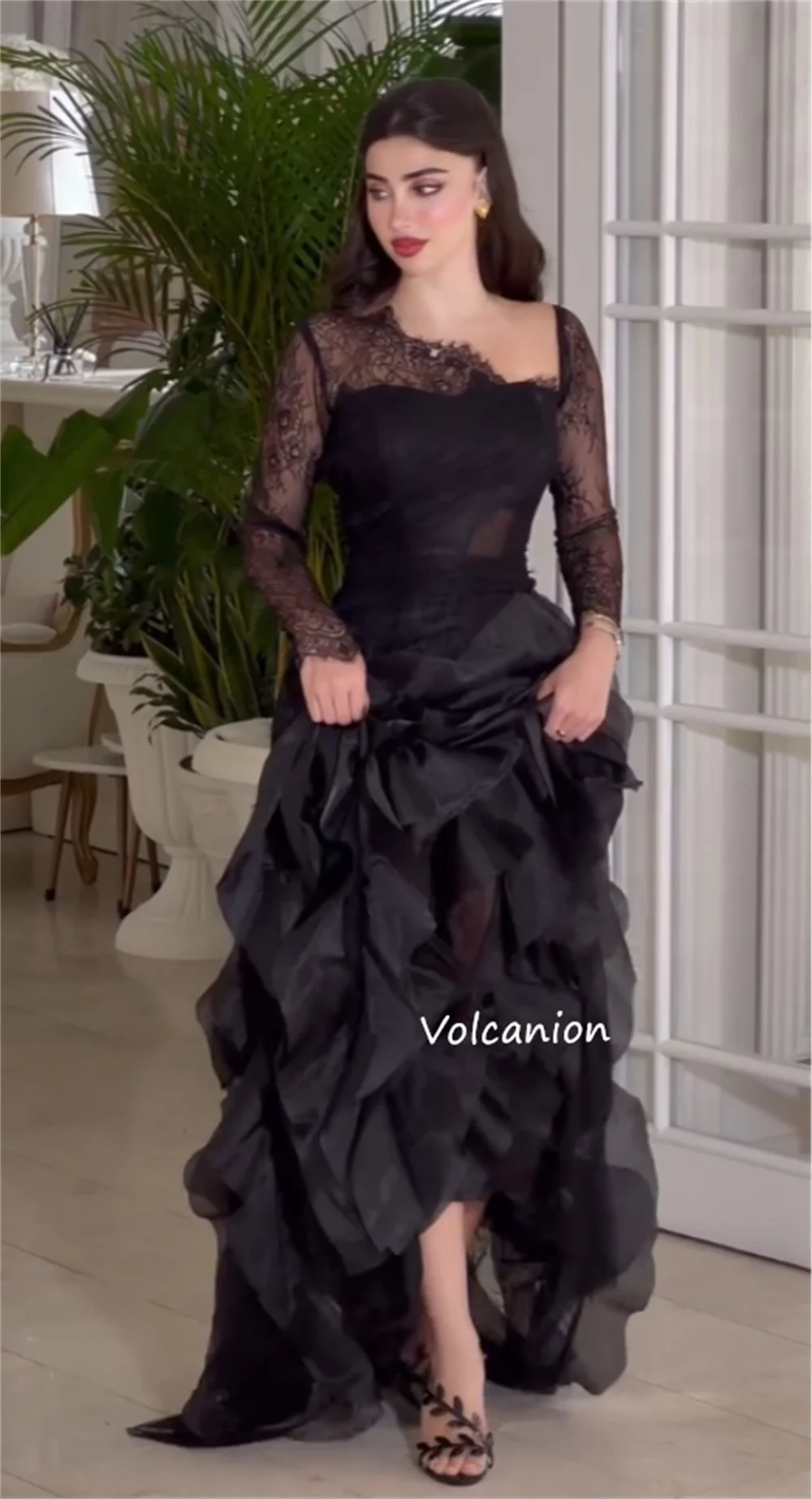 Customized Organza Ruffle Lace Asymmetrical Neck A-line Long Dresses Bespoke Occasion Simple Fashion Elegant Party