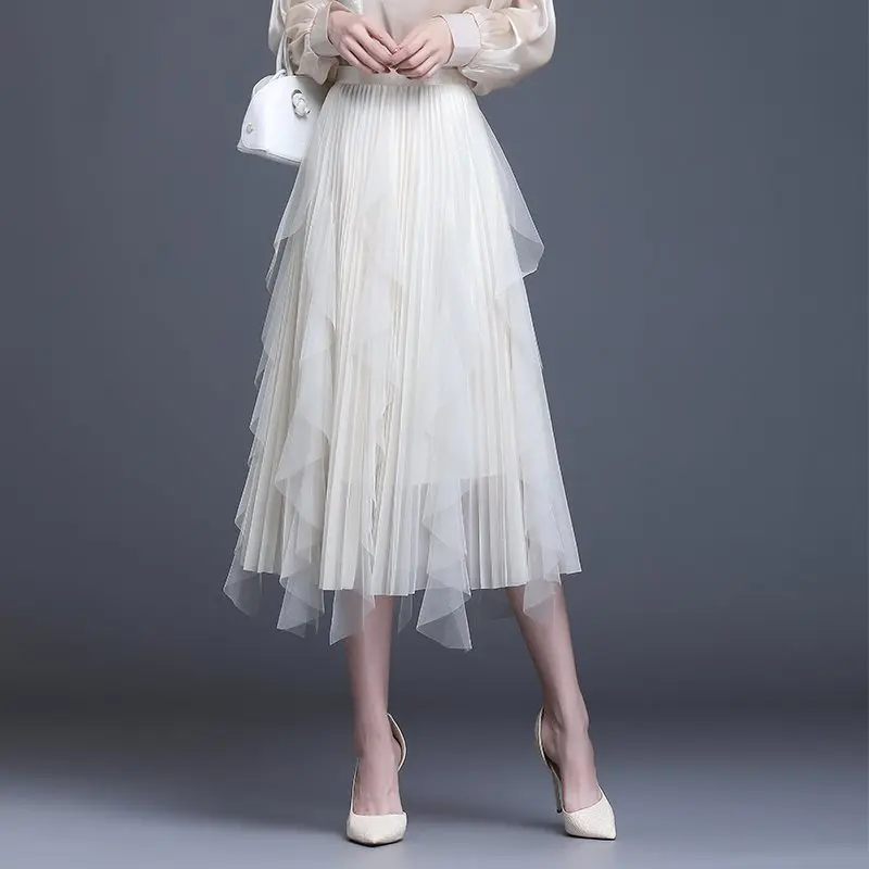 Irregular Gauze Skirt Beige Skirt Women's Autumn and Winter High Waist A Word Mesh Pleated Skirt Medium and Long Swing