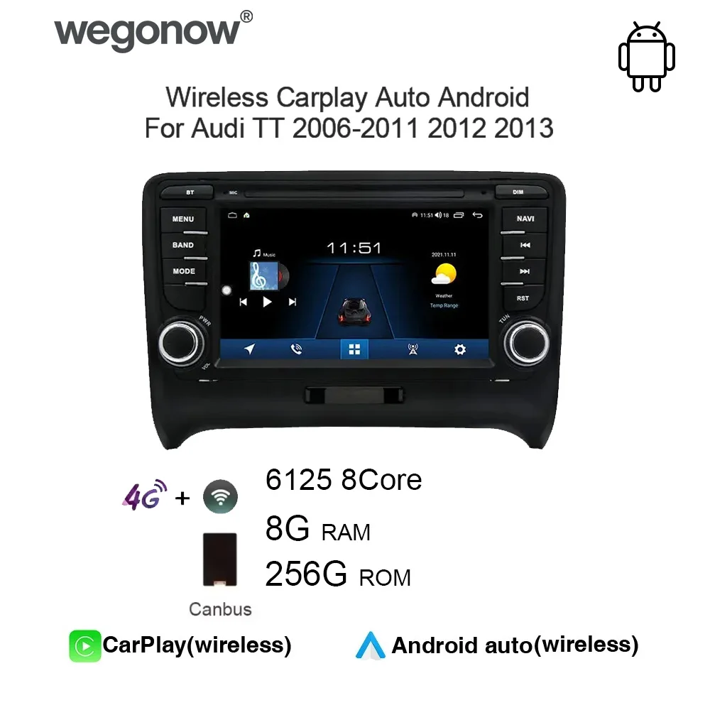 Radio para Auto para Audi TT 2006-2011 2012 2013 8G+256G DSP Carplay Auto Android 12.0 IPS Reproductor de DVD para Auto GPS WIFI Bluetooth 5.0 RDS